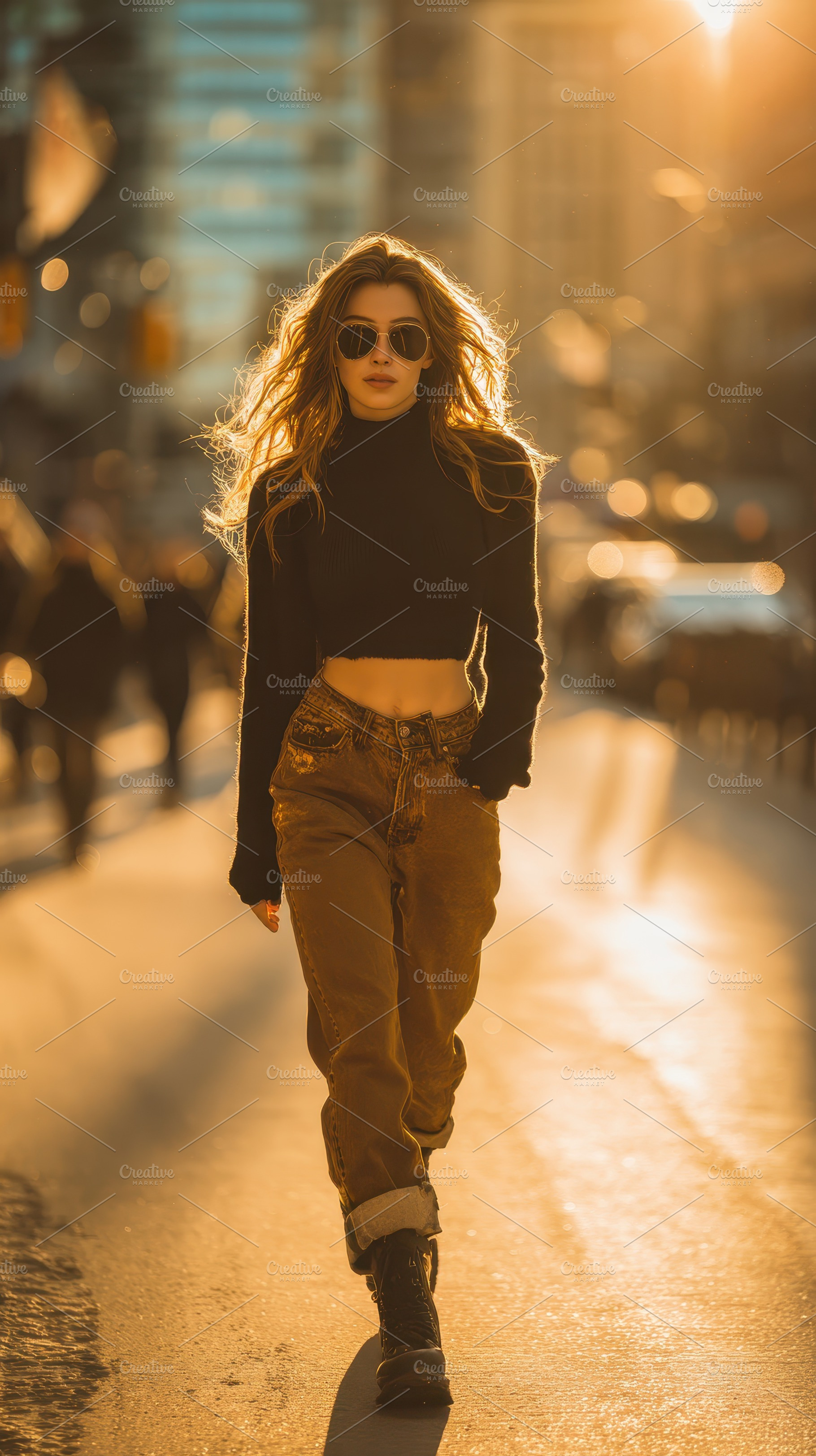 Stylish woman walking city street su, a Photo by Pixeness Studio