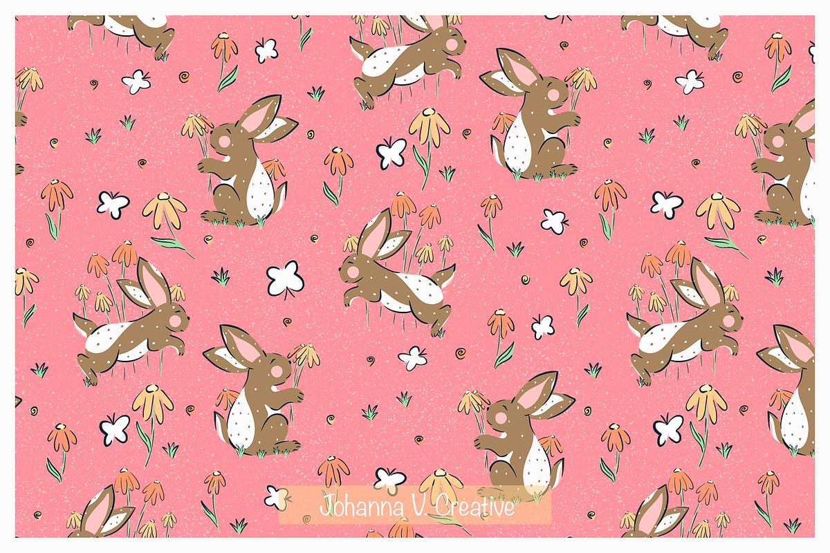 Spring Bunny & Flower Pattern, an Illustration by Johanna V. Creative (Photo 3 of 3)