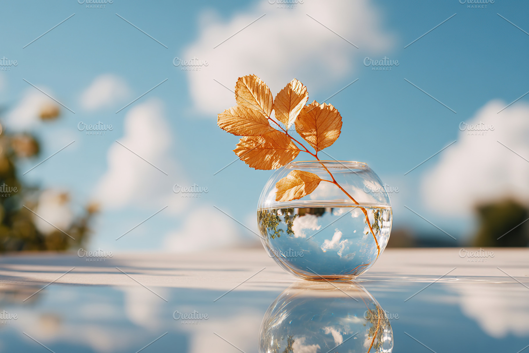 Delicate transparent vase with leaves reflecting blue sky in a serene outdoor s, a Photo by AlyaAnd