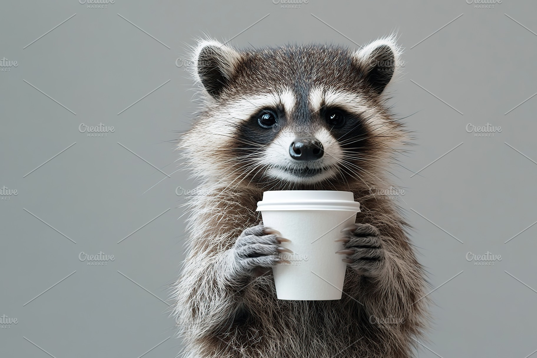 Cute raccoon with takeaway cup of drink on grey background, an Animal Photo by AlyaAnd