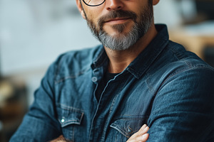 A confident industrial designer man with a beard and glasses, wearing a denim s, a Person Photo by Textures & Backgrounds