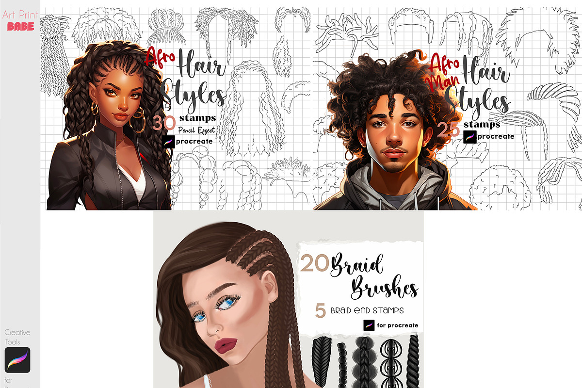 Procreate Afro Hairstle Curly Hair, a Brush Add-On by ArtPrintBabe (Photo 2 of 12)