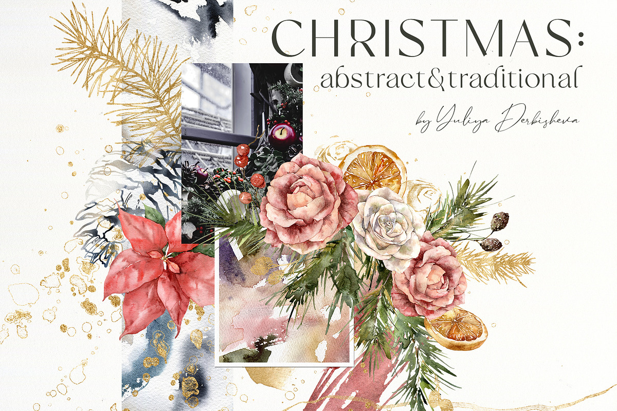Christmas watercolor floral clipart, a Seasonal Illustration by Yuliya Derbisheva (Photo 2 of 13)
