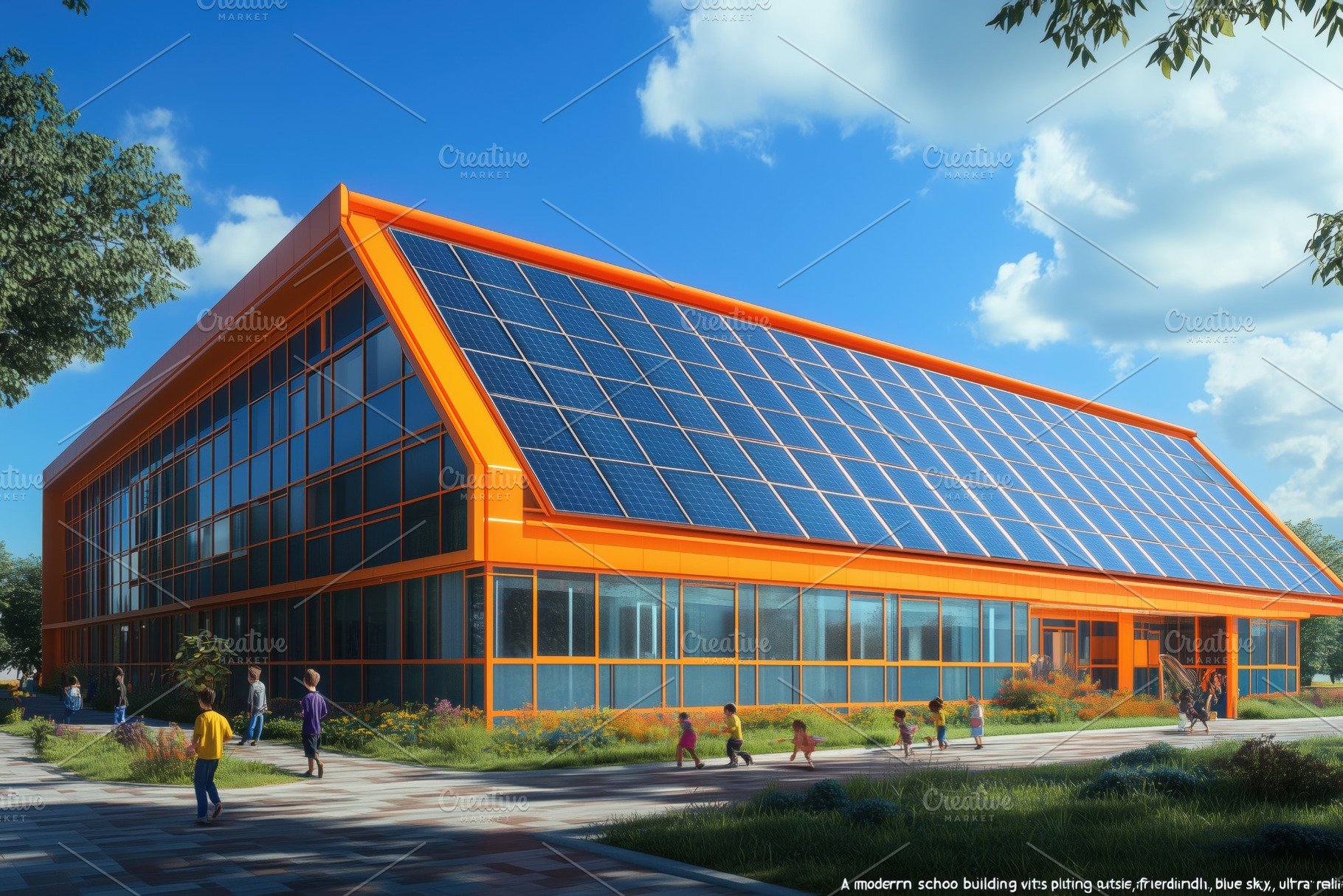 A modern school building with solar panels on the roof, surrounded by greenery, a Transportation Photo by Textures & Backgrounds