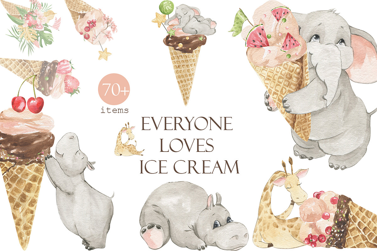 Everyone loves ice cream!, an Animal Illustration by Love Watercolor Store (Photo 1 of 11)