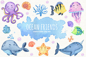 Watercolor Ocean Animals Clipart