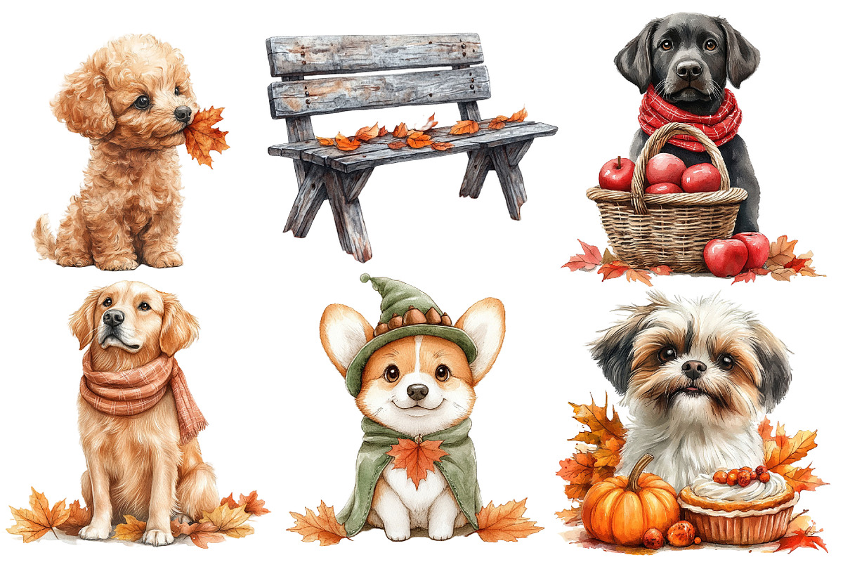 Watercolor Autumn Dog Clipart, an Illustration by Designworld (Photo 3 of 5)
