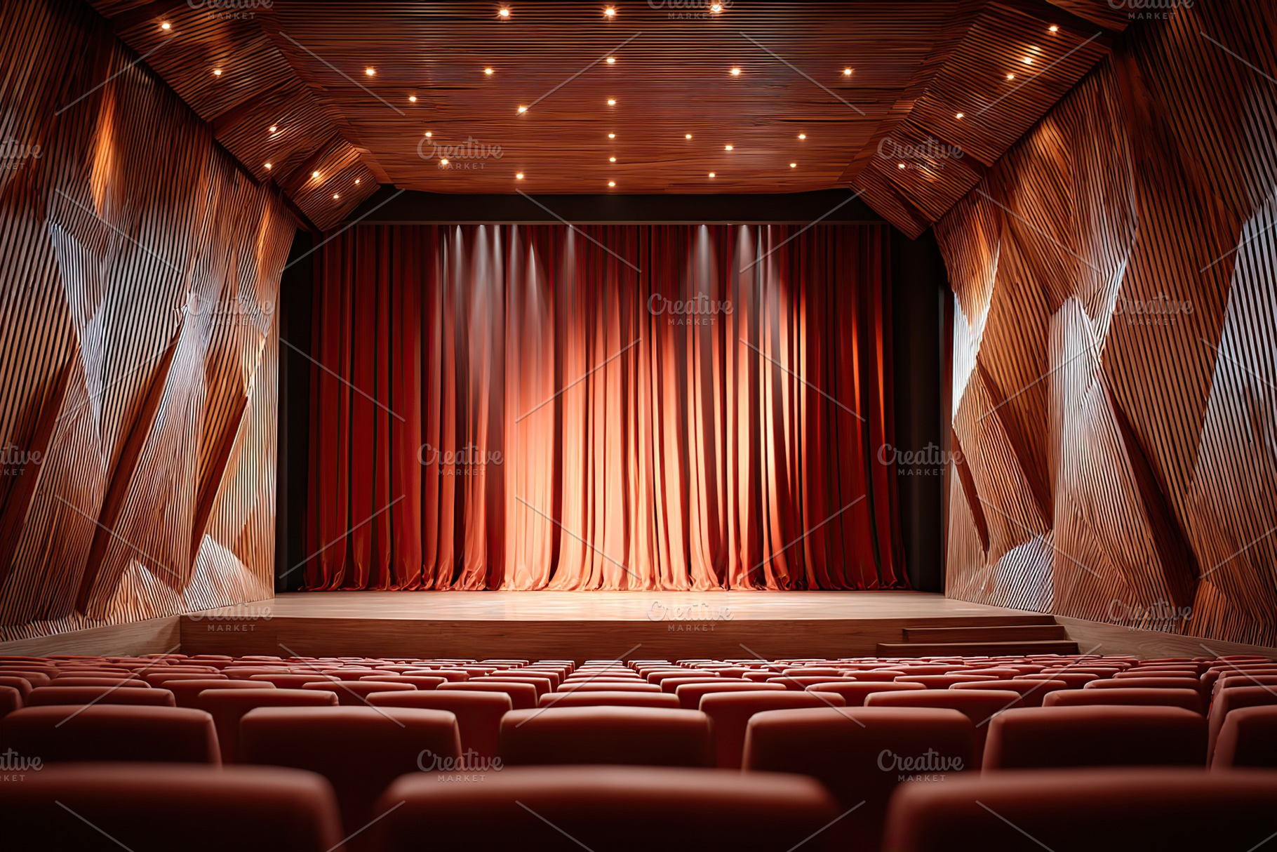 Modern auditorium with red curtains and warm wooden accents ready for a perform, a Photo by AlyaAnd