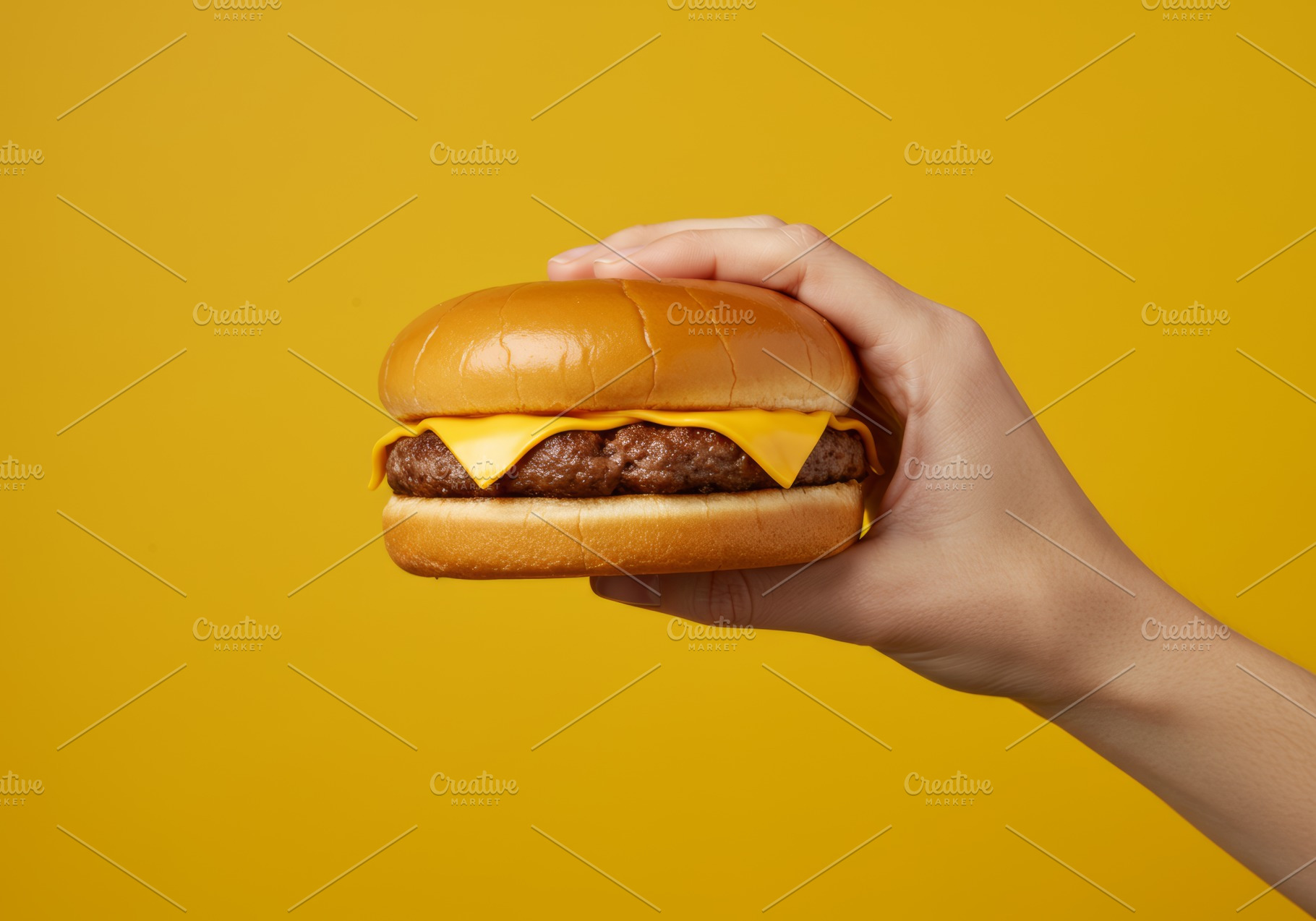 Hand holding a cheeseburger with mel, a Food & Drink Photo by professorinc
