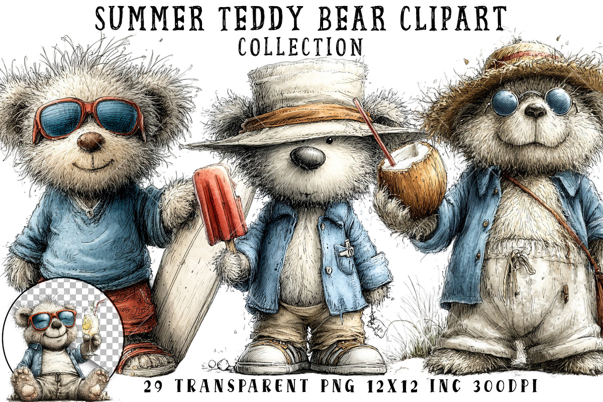 Summer Teddy Bear Clipart, an Illustration by OK Design (Photo 1 of 6)