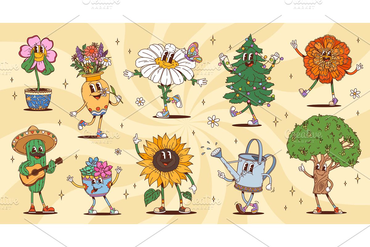 Cartoon groovy plant and flowers, an Object Illustration by Buch&Bee