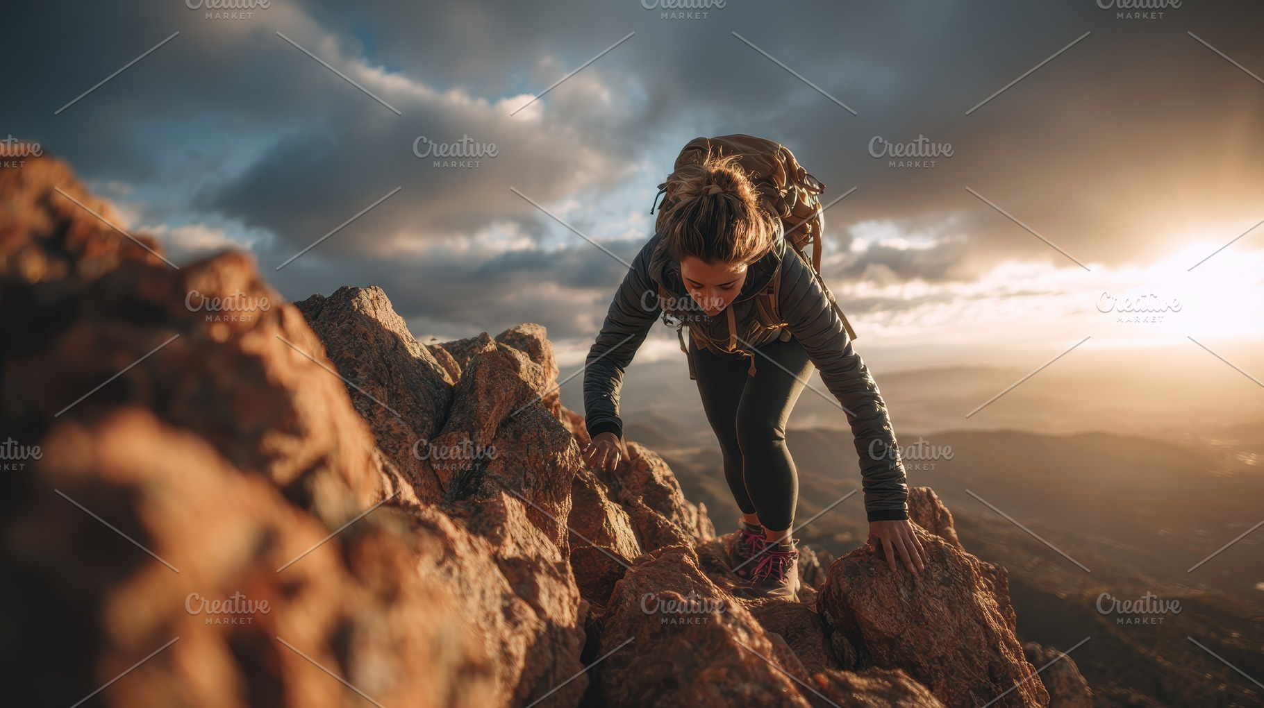 Woman hiker climbing mountain peak s, a Photo by Pixeness Studio
