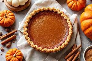 Warm pumpkin pie sits on a soft cloth surrounded by small pumpkins, nuts, and c, a Food & Drink Photo by AlyaAnd