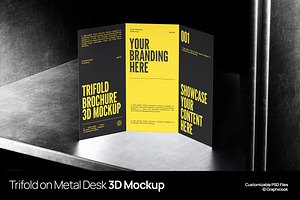 Trifold On Metal Desk 3D Mockup
