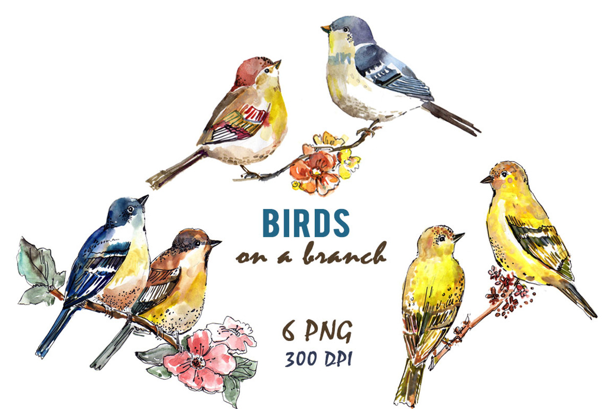 Birds on a branch in watercolor, an Animal Illustration by lidiya_zayac (Photo 3 of 3)