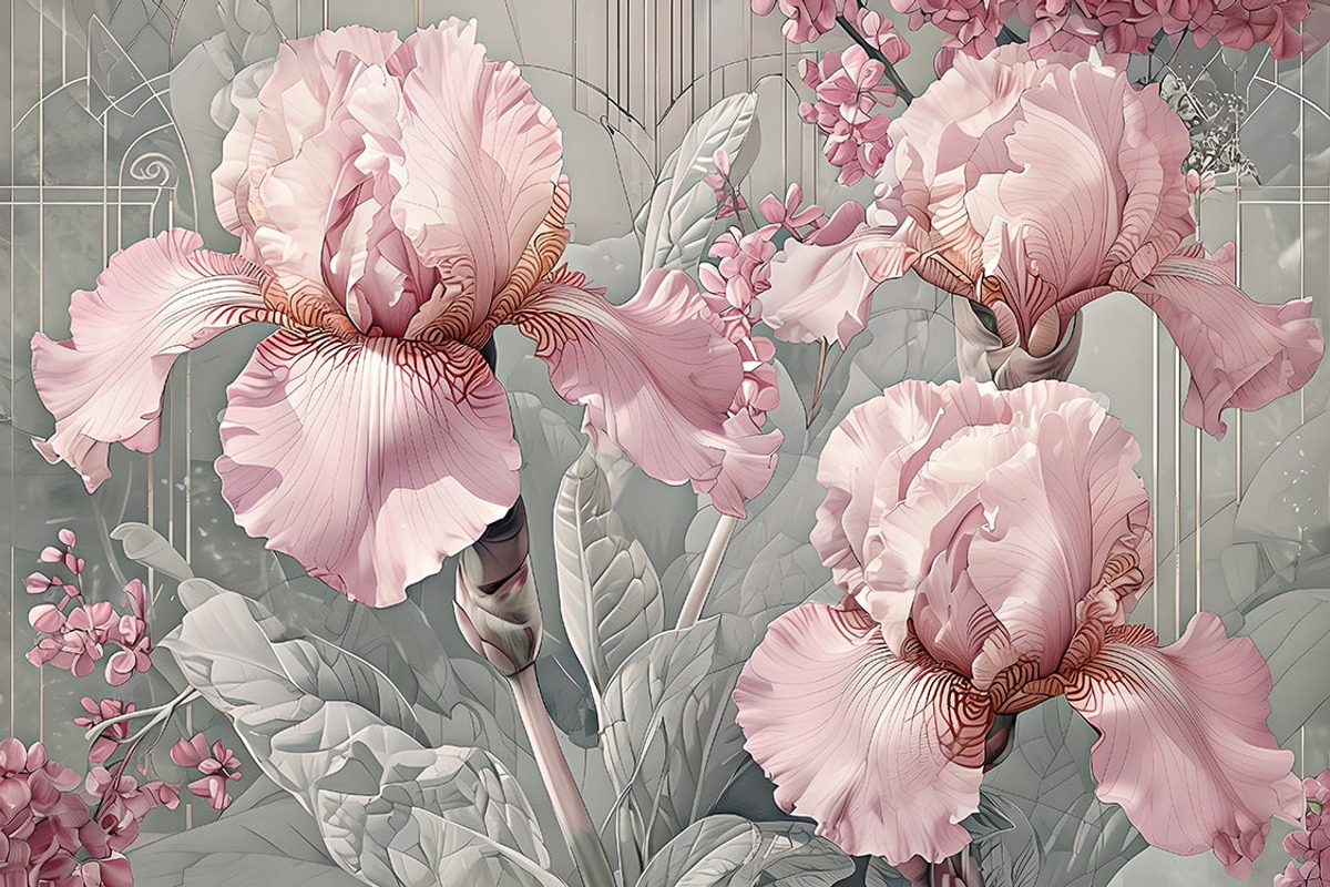Pink iris flowers on a gray backgrou, an Illustration by Liubovi Samoilova SHOP