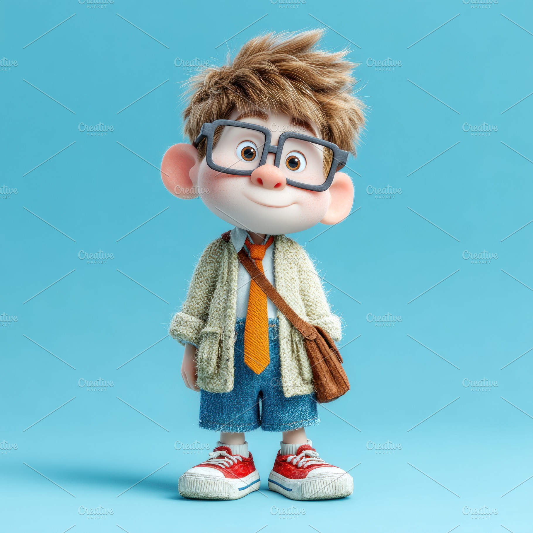 Cute cartoon schoolboy with glasses and messenger bag wearing ca, a Person Photo by José Manuel Gelpi