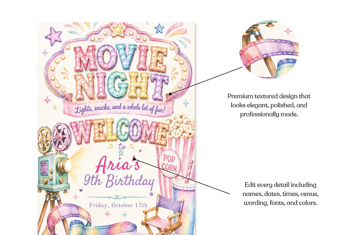 Movie Night Birthday Invitation, an Invitation Template by heynomi (Photo 7 of 19)