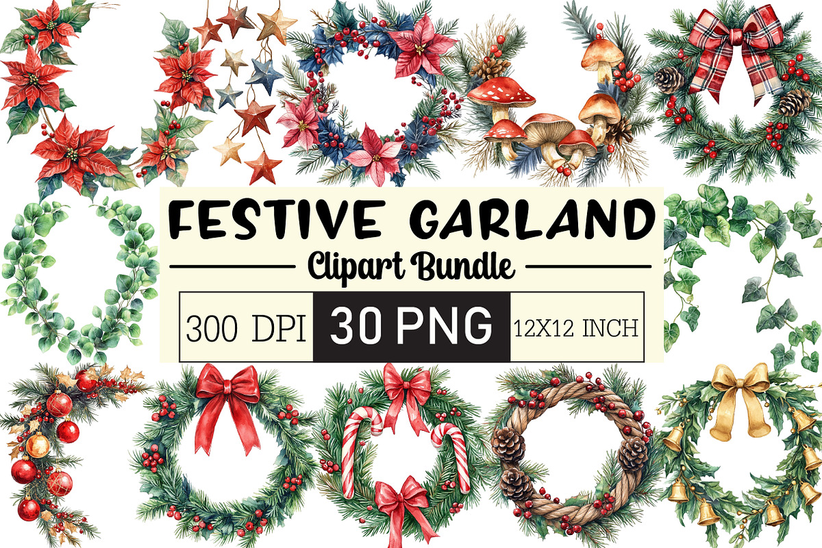 Festive Garland Clipart Bundle, an Illustration by Black Bird Studio (Photo 1 of 6)