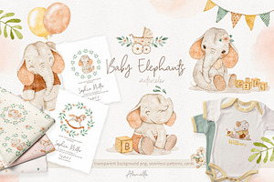 Baby Elephants Animals Watercolor