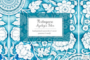 Watercolor Portuguese Tiles Patterns, a Pattern Graphic by Zeesi Design Garden (Thumbnail 1 of 8)