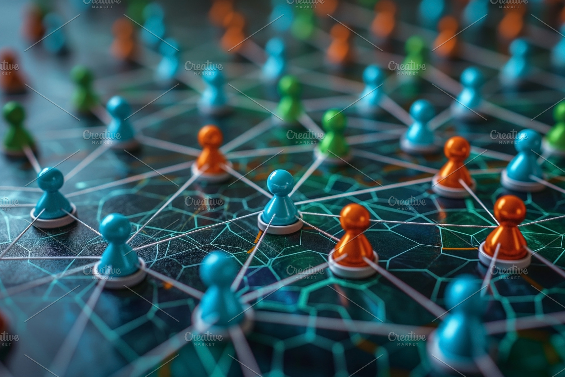 Colorful network of game pieces connected by lines, symbolizing, a Business Photo by ImageMir