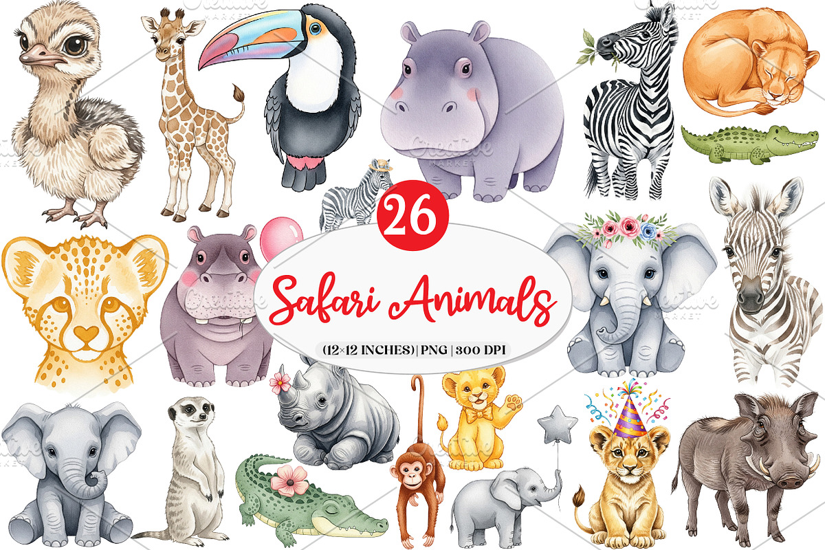 Safari Animals Clipart, an Illustration by Watercolor design (Photo 1 of 4)
