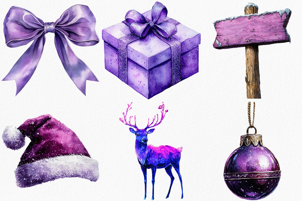 Watercolor Purple Christmas Clipart, an Illustration by Canvas Craft (Photo 6 of 7)
