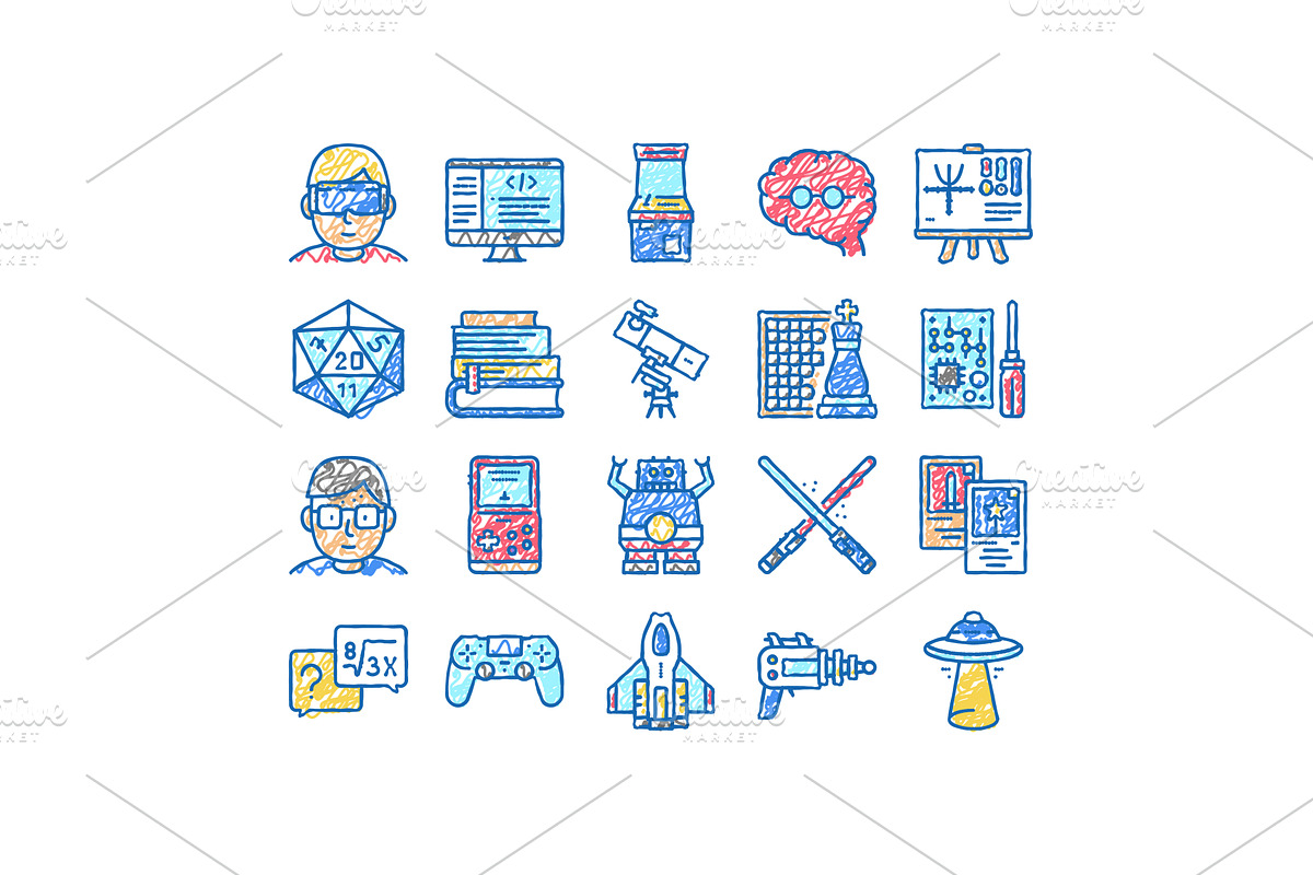 Geek, Nerd And Gamer set Icons hand, an Object Illustration by pikepicture