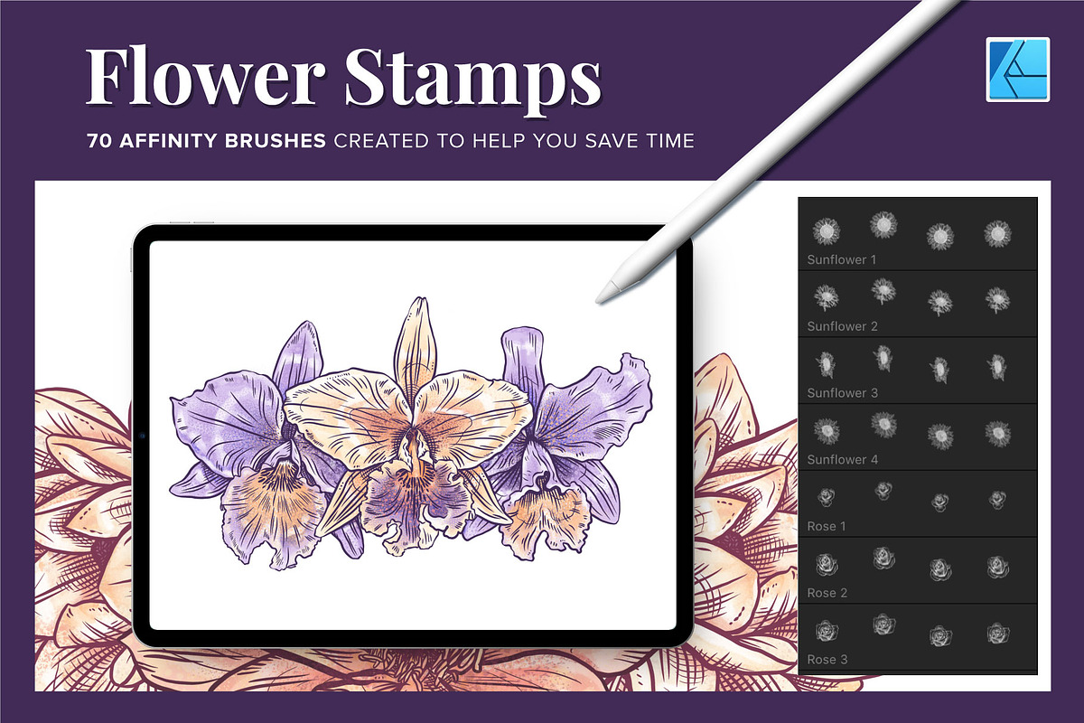 70 Flower Stamp Affinity Brushes, a Brush Add-On by Riveros Illustration (Photo 2 of 9)