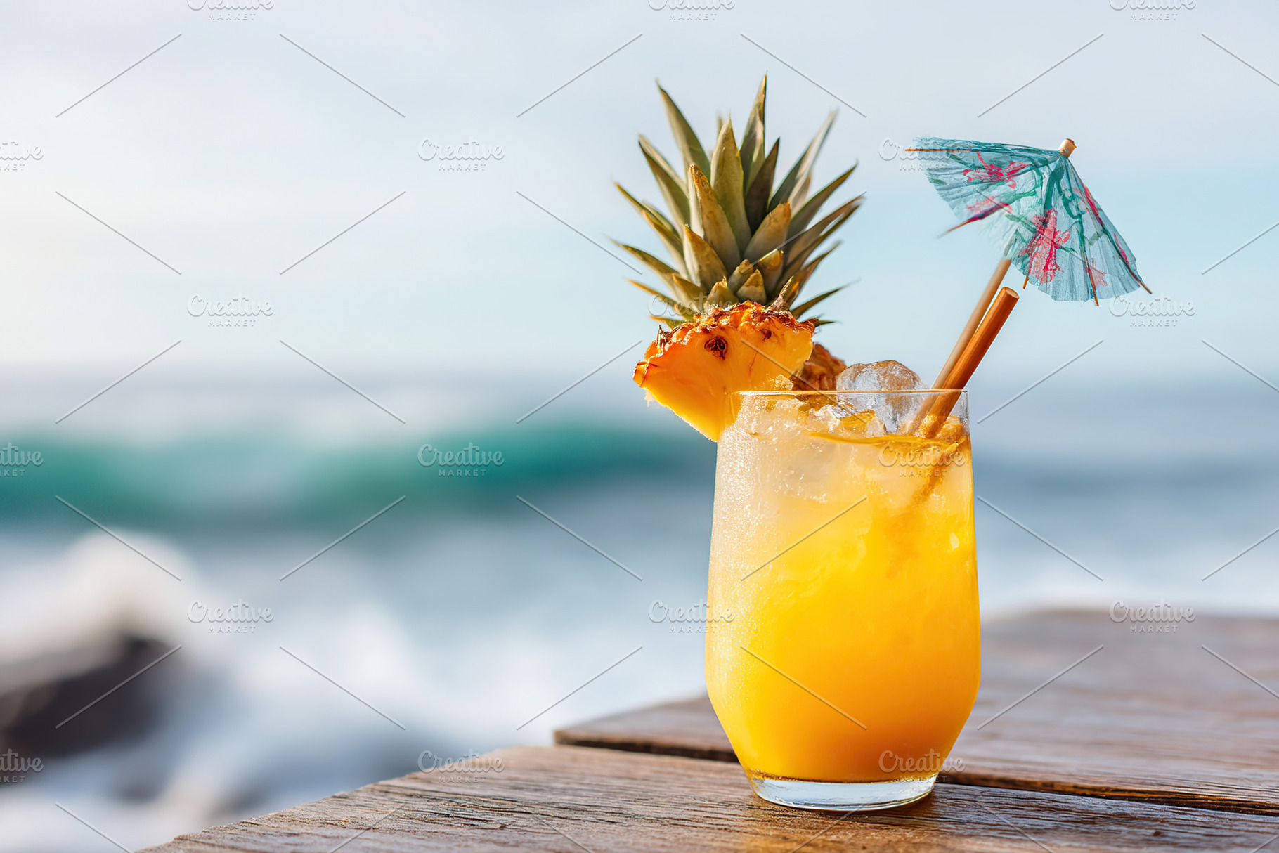 Refreshing tropical cocktail by the beach with pineapple garnish and colorful u, a Food & Drink Photo by AlyaAnd