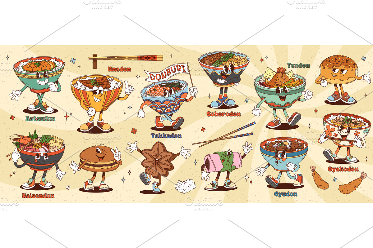 Cartoon groovy asian cuisine, a Food Illustration by Buch&Bee