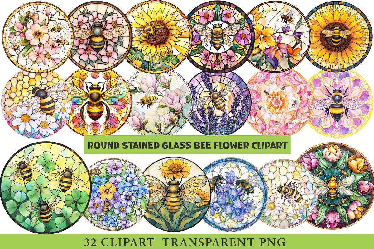 Round Stained Glass Bee Flower Png, an Illustration by cherrydesign (Photo 1 of 3)