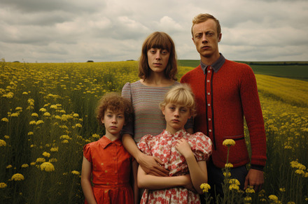 Family of three in a field of yellow, a Photo by Iftikhar Alam