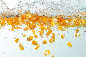 Fresh corn falling into water on white background, a Photo by AlyaAnd
