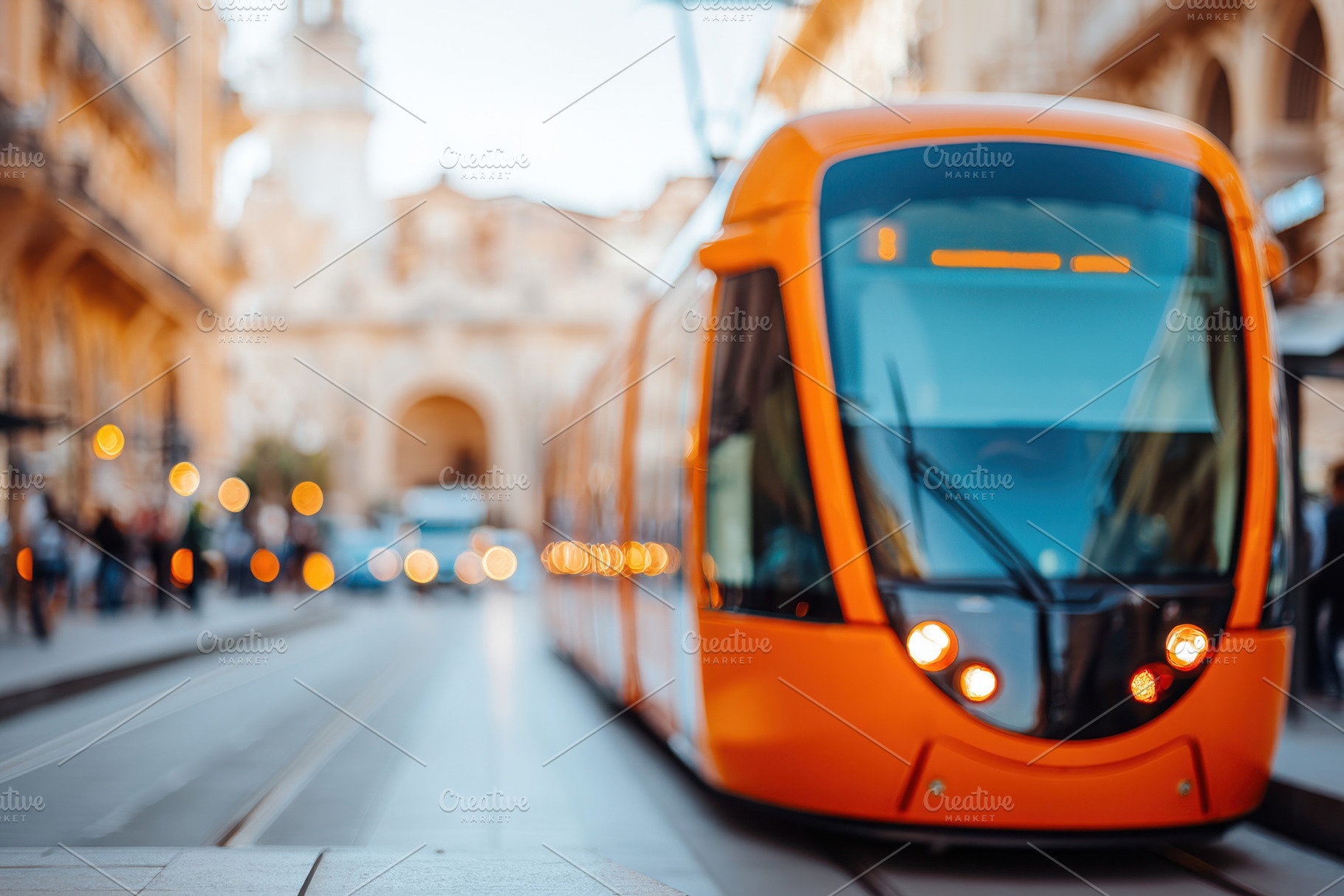 Modern red tram in city at sunset, a Transportation Photo by AlyaAnd