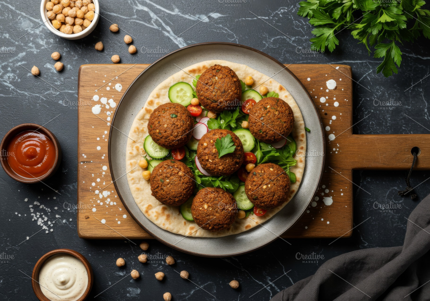 Falafel balls served on flatbread wi, a Food & Drink Photo by professorinc