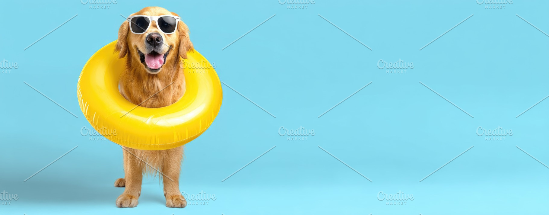 Happy Golden Retriever Wearing Sunglasses with Yellow Pool Float, a Nature Photo by José Manuel Gelpi