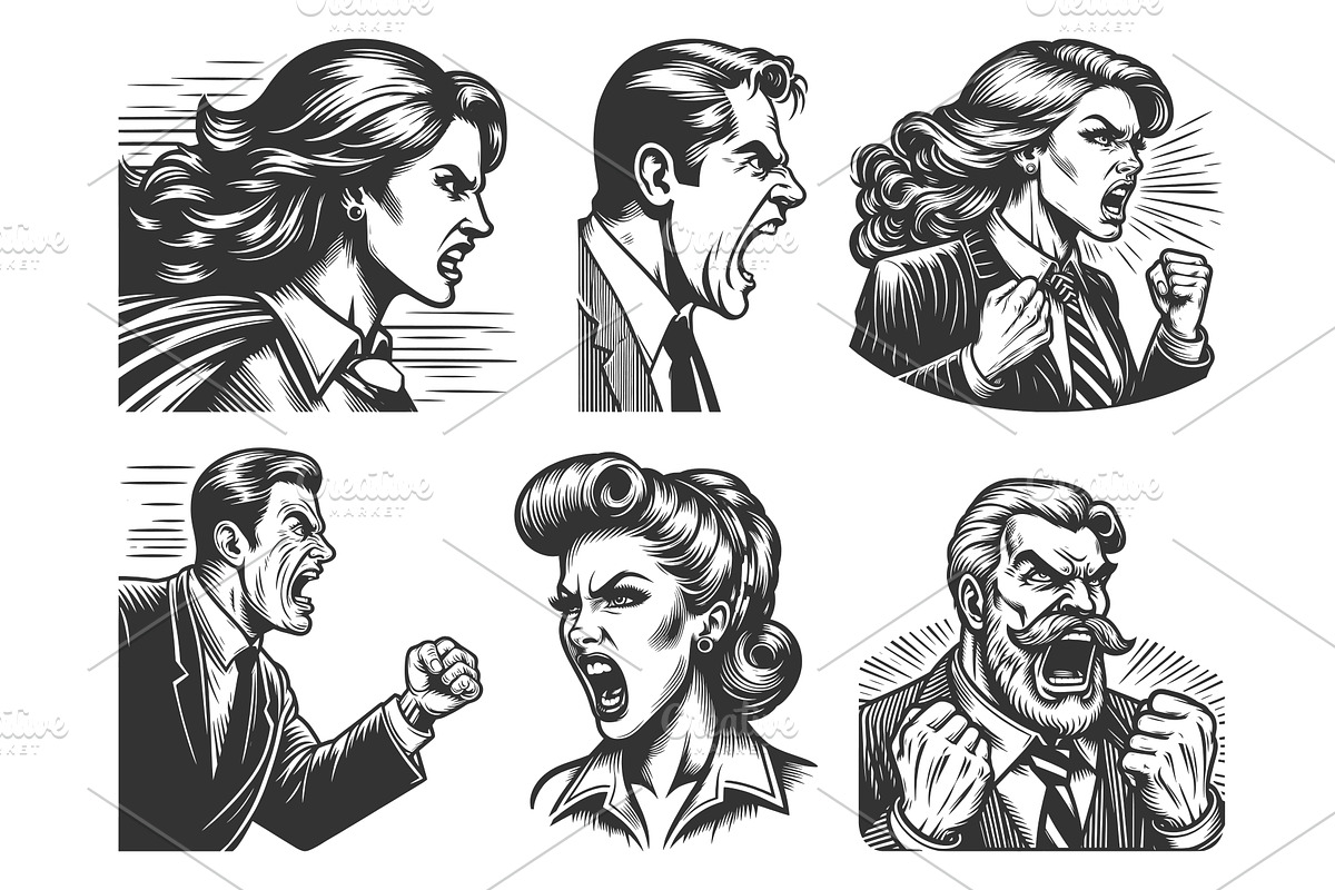 angry boss shouting engraving vector, a Person Illustration by AlexArt