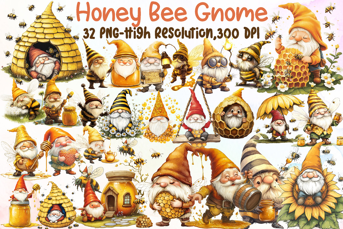 Watercolor Honey Bee Gnome Clipart, an Illustration by Sublimation Artist (Photo 1 of 6)