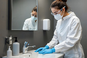 Woman in Hazmat Suit Cleaning Sink i, an Industrial Photo by Stock Shape