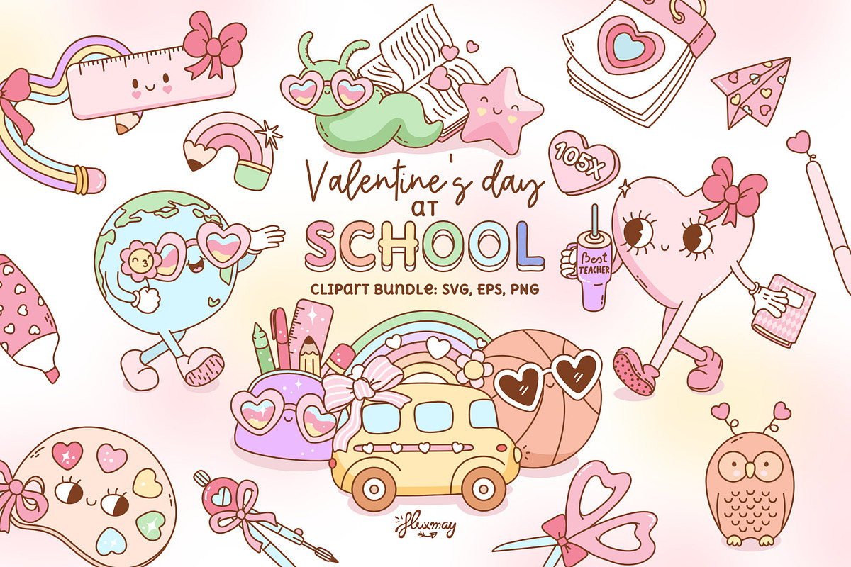 Valentine at School Clipart Bundle, an Education Illustration by Huxmay (Photo 1 of 7)
