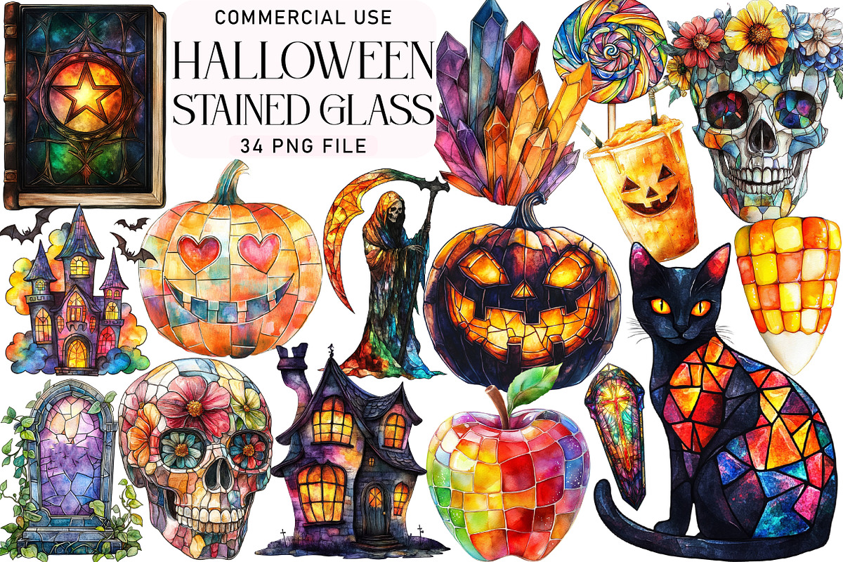 Halloween Stained Glass Clipart, an Illustration by Daily.Designs (Photo 1 of 5)