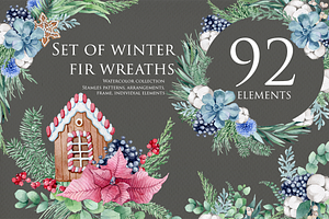 Watercolor set of winter fir wreaths
