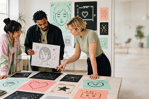 People discussing ASCII art designs, a Photo by Dvoevnore photos