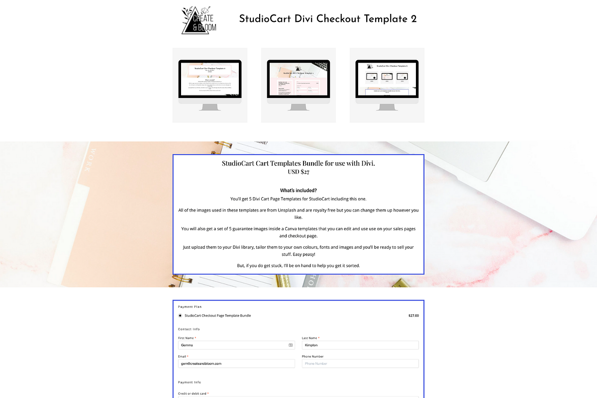 Divi StudioCart Checkout Templates, a Landing Page Template by Create & Bloom (Photo 3 of 6)