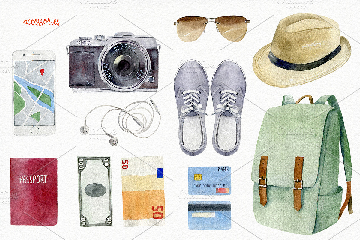 Wanderlust watercolor design toolkit, a Transportation Illustration by Elegantia (Photo 2 of 6)