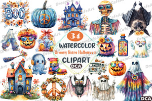 Groovy Retro Halloween Clipart, an Illustration by DreamCafeArt