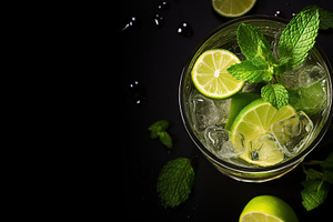 Flat lay of alcoholic mojito with ice and mint on black background, a Food & Drink Photo by AlyaAnd