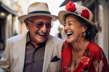 Elderly Couple Laughing Together on, a Holiday Photo by angellodeco